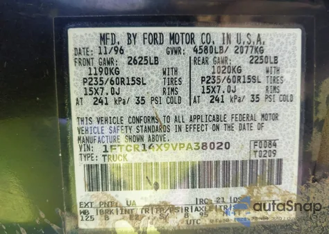 1997 Ford Ranger Splash/Xlt from USA, damaged, VIN 1FTCR14X9VPA38020